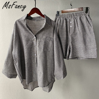 Msfancy lato dwuczęściowy zestaw kobiet 2021 bawełniane spodenki zestawy Vintage Boho obszerna koszula wysokiej talii luźne spodenki Mujer zestawy 4